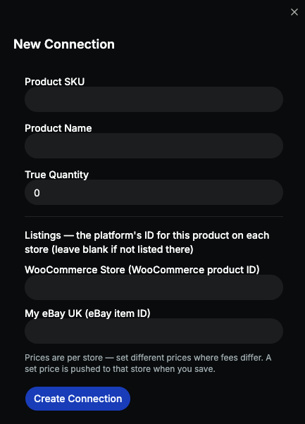 The eCom Pal screen for adding a new product connection across two stores